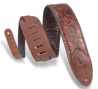 Levy's 3" Distressed Floral Embossed Leather Guitar Strap - Brown